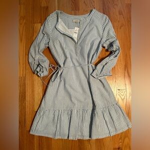 LOFT Blue Striped Tab Sleeve Button Flounce Dress Medium. NWT